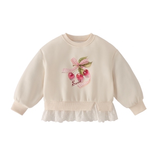 [7A抑菌]女童卫衣春季圆领甜美印花儿童长袖衣服拼接裙边宝宝衣服