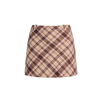 羊毛混纺高腰撞色格纹A字毛呢裙