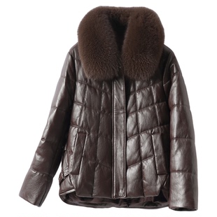 海宁真皮衣女外套常规狐狸毛领90白鸭绒冬季加厚新款绵羊皮羽绒服