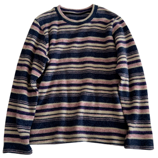 韩版时髦撞色条纹圆领长袖T恤女宽松针织毛感上衣秋冬新款内搭潮