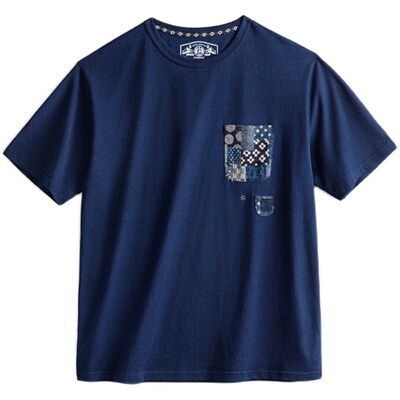 马登工装蓝染古布拼接口袋T恤