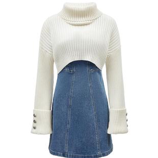 ONLY冬季时尚针织两件套装显瘦拼接精致烫钻牛仔短裙连衣裙女