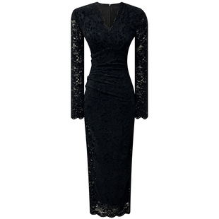 白色加绒加厚修身连衣裙女冬季新款蕾丝V领长袖收腰包臀裙中长裙