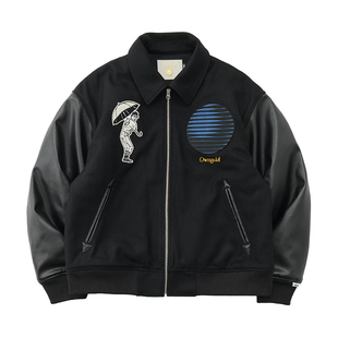 Battles 拉链棒球夹克毛呢羊毛混纺重磅夹棉皮袖外套美式宽松休闲