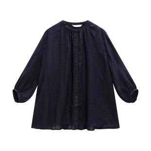 EXCEPTION例外女装苎麻混纺复古绣花时尚通勤上衣圆领七分袖衬衫