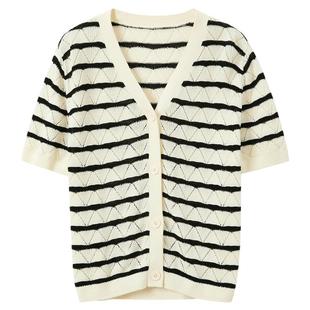 ibudu2025夏季新款条纹针织衫纯棉V领毛衫短款开衫女
