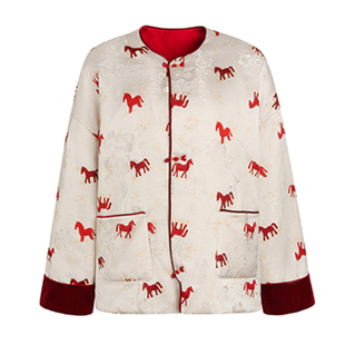 “马踏迎春”双面双料新春中式棉服高密人丝印花圆领外套拜年服女