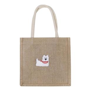 可爱小狗黄麻手提袋简约轻便亚麻环保袋购物袋上班大容量托特包女