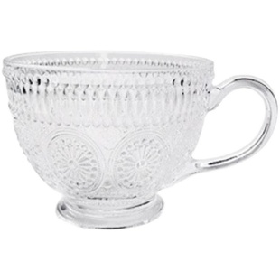 ins风牛奶杯子带把清新早餐杯水杯家用复古浮雕高颜值透明玻璃杯