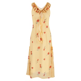 韩语琳 黄色玫瑰印花V领连衣裙女2025新款春季气质氛围感度假长裙