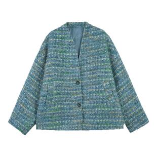 利达NEW DADADA【酒窝藏趣】蓝色小香风外套女粗花呢宽松显瘦上衣