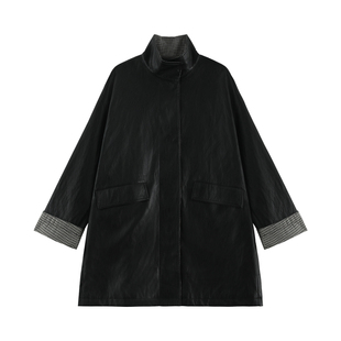 【柏斯】哑光高级感水洗蛋白软皮垂感显瘦阔型拼格夹克外套-2919