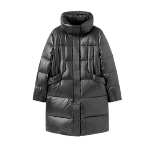 太平鸟女装立领亮面中长款羽绒服24冬新款连帽面包服AAACE441F01