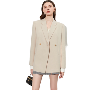 DPLAY黑标气质通勤OL奶茶卡设计感拼色袖克夫西装外套