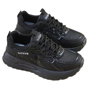 黑色运动鞋女款2025新款夏季薄款透气鞋子女鞋百搭厚底增高老爹鞋