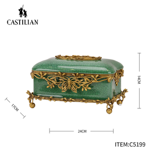 卡斯特兰美式复古纸巾盒铜配瓷家用插花花瓶玄关客厅果盘C5199