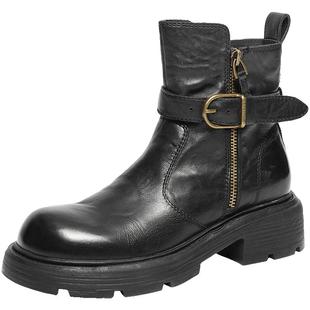 百丽真皮厚底时装靴通勤女冬季新款棉鞋显瘦加绒短靴子F2P1DDZ5