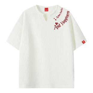 查尔斯桃心夏季新款美式纹理感字母印花夏季V领短袖T恤男女情侣款