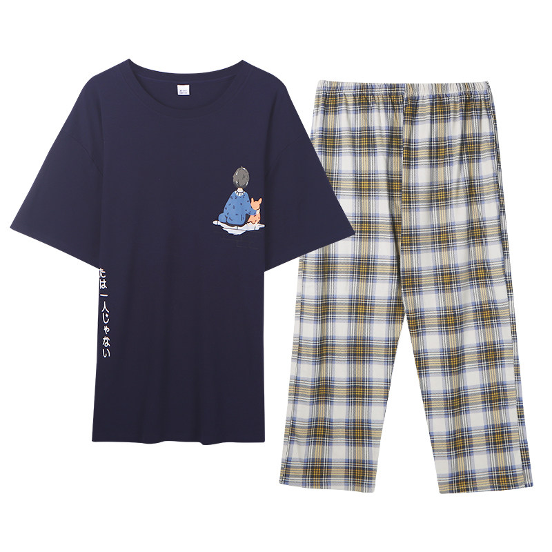 男士夏季纯棉短袖长裤睡衣加肥加大码胖人200斤家居服套装
