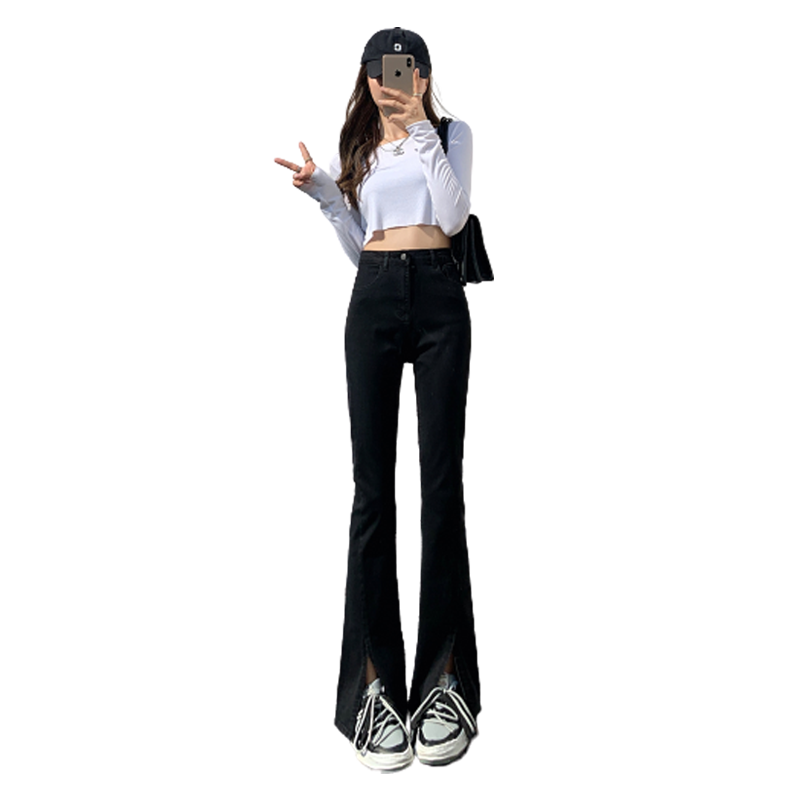 黑色微喇开叉牛仔裤女2025年新款拖地鱼尾裤高腰显瘦直筒喇叭裤子