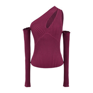 YoungGirlDay御姐纯欲风性感斜领露肩镂空修身显瘦长袖针织衫上衣