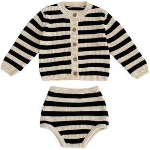 2025婴幼儿春装女宝宝圆领条纹针织早春套装哈衣外套两件套衣服