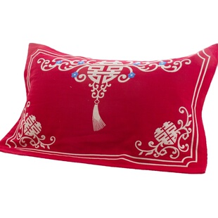 结婚枕巾纯棉枕头巾一对喜庆红色高档陪嫁婚庆情侣喜字加厚