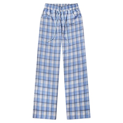 明星同款LOGICAT蓝色格纹休闲裤宽松慵懒直筒长裤春季男女同款