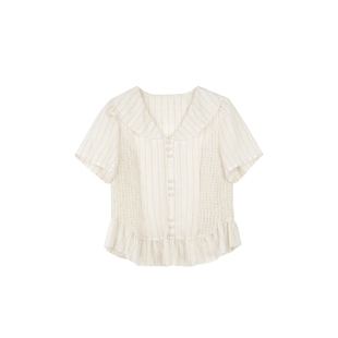 solighter 法式亚麻条纹v领短袖衬衫女夏季2025新款收腰衬衣上衣
