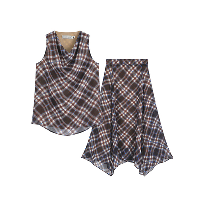 BobbyBecky复古杜普林格纹荡领背心不规则半裙