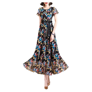 清仓福利连衣裙女波西米亚海边度假到脚踝雪纺木耳边大摆长裙