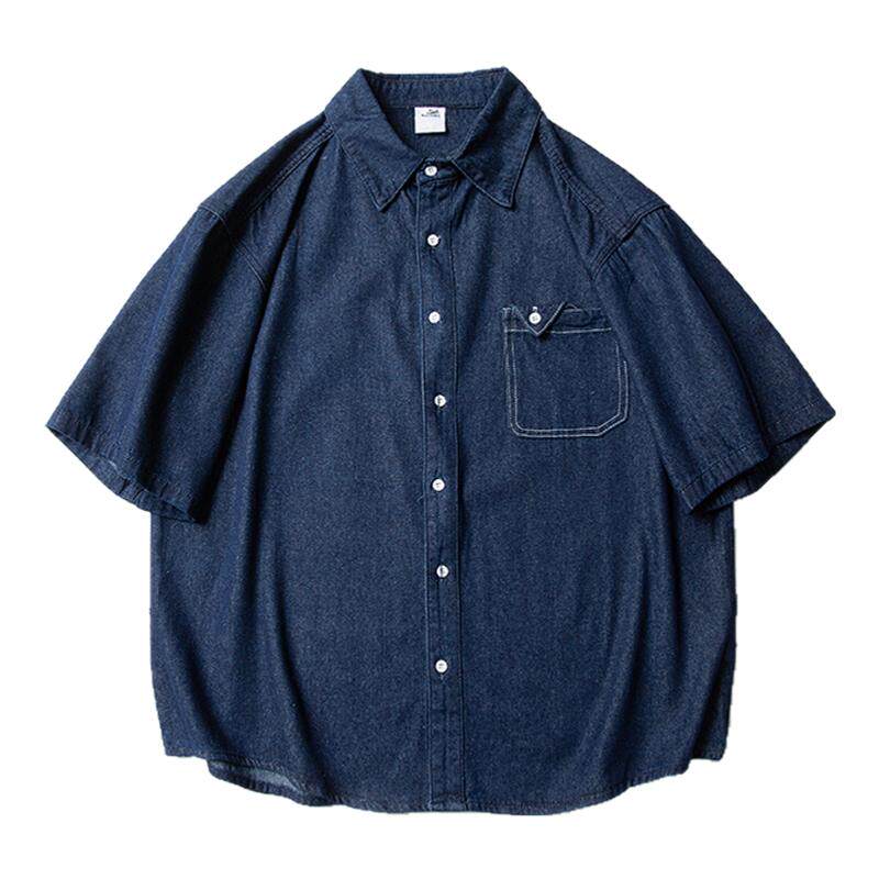 蓝色口袋牛仔衬衫短袖男生2025新款夏季百搭宽松休闲衬衣上衣简约