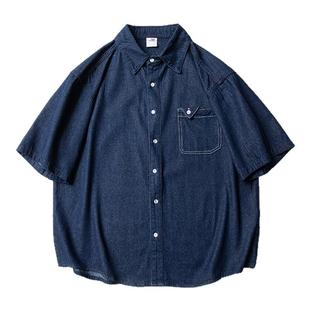 蓝色口袋牛仔衬衫短袖男生2026新款夏季百搭宽松休闲衬衣上衣简约