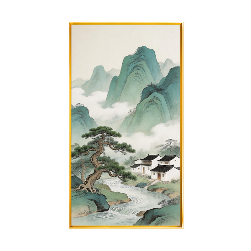 小桥流水人家玄关十字绣2026新款青山绿水印花线绣满绣竖版自绣