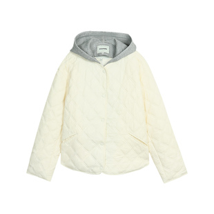 pusumede 松弛边缘 菱格拼接卫衣领棉服女保暖宽松连帽假两件外套