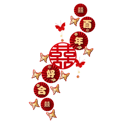纸扇花婚房布置套装结婚喜字男方女方卧室客厅背景墙贴装饰拉花