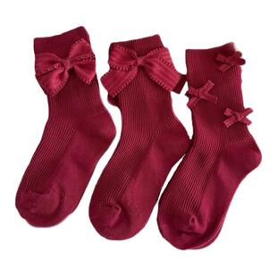 3双包邮-女童袜子中筒安克拉红色蝴蝶结公主袜女宝宝过年小腿袜