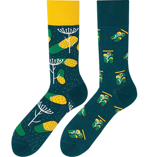 春秋男女AB不对称中长款鸳鸯袜子创意彩色纯棉穿搭涂鸦高帮潮设计