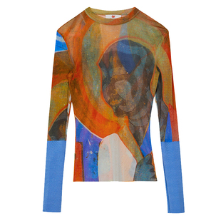 AR印花涂鸦网纱上衣透视打底衫薄纱新中式内搭皮肤衣AlmondRocks