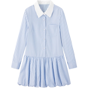 乐町撞色翻领甜美花苞连衣裙女25年春季新款硫酸铜蓝色长袖衬衫裙