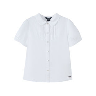 eland kids衣恋童装女童衬衫夏季学院风清新娃娃领微喇袖短袖上衣