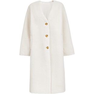 【ONLY奥莱】春季纯色优雅V领设计宽松长款保暖毛绒棉服外套女