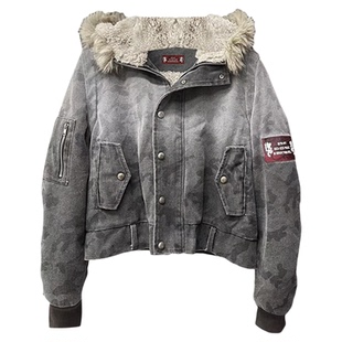 DETW 25AW*日晒水洗做旧迷彩羊羔绒刺绣徽章连帽Bomber棉服扣外套