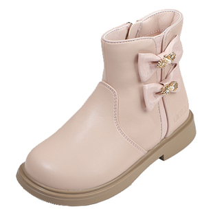 百丽童鞋女童蝴蝶结公主靴冬季加绒保暖儿童马丁靴时尚小女孩短靴