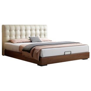 意式极简华夫格高端实木床中古风白蜡木真皮床主卧双人高箱储物床