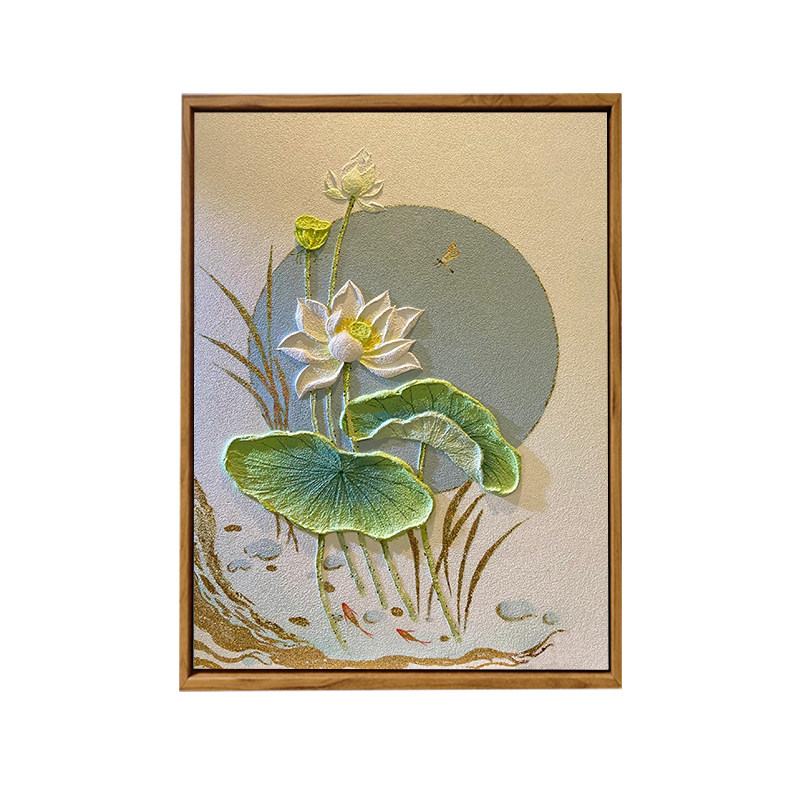 中国风月下白荷花卉石英砂肌理画