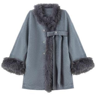 KEIKO 千金感毛绒拼接羊毛呢大衣25冬季静奢风斗篷型显瘦呢子外套