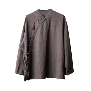 棉麻上衣2025新款 文艺复古中国风茶服女春秋高端苎麻盘扣长袖T恤