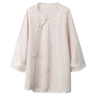 一丝牵 100%桑蚕丝金线提花真丝长袖上衣女新中式V领宽松显瘦小衫