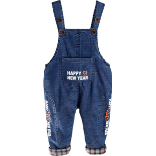 婴儿背带裤新款年新款男童女宝宝连体裤弹力双层软牛仔长裤美小鸭